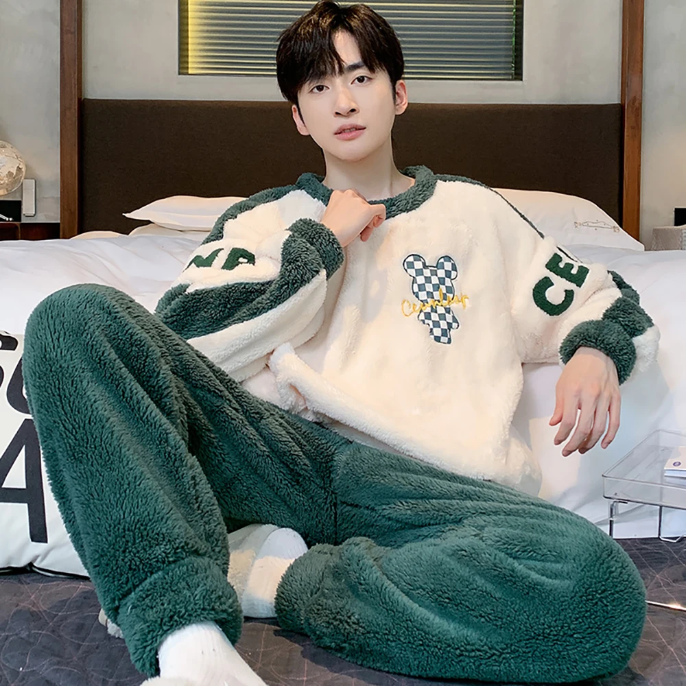 Winter Thicken Flannel Sleepwear for Sleeping Men\'s Pajamas Set Korean Style Cartoon Pajama Warm Loose Comfortable pijama hombre