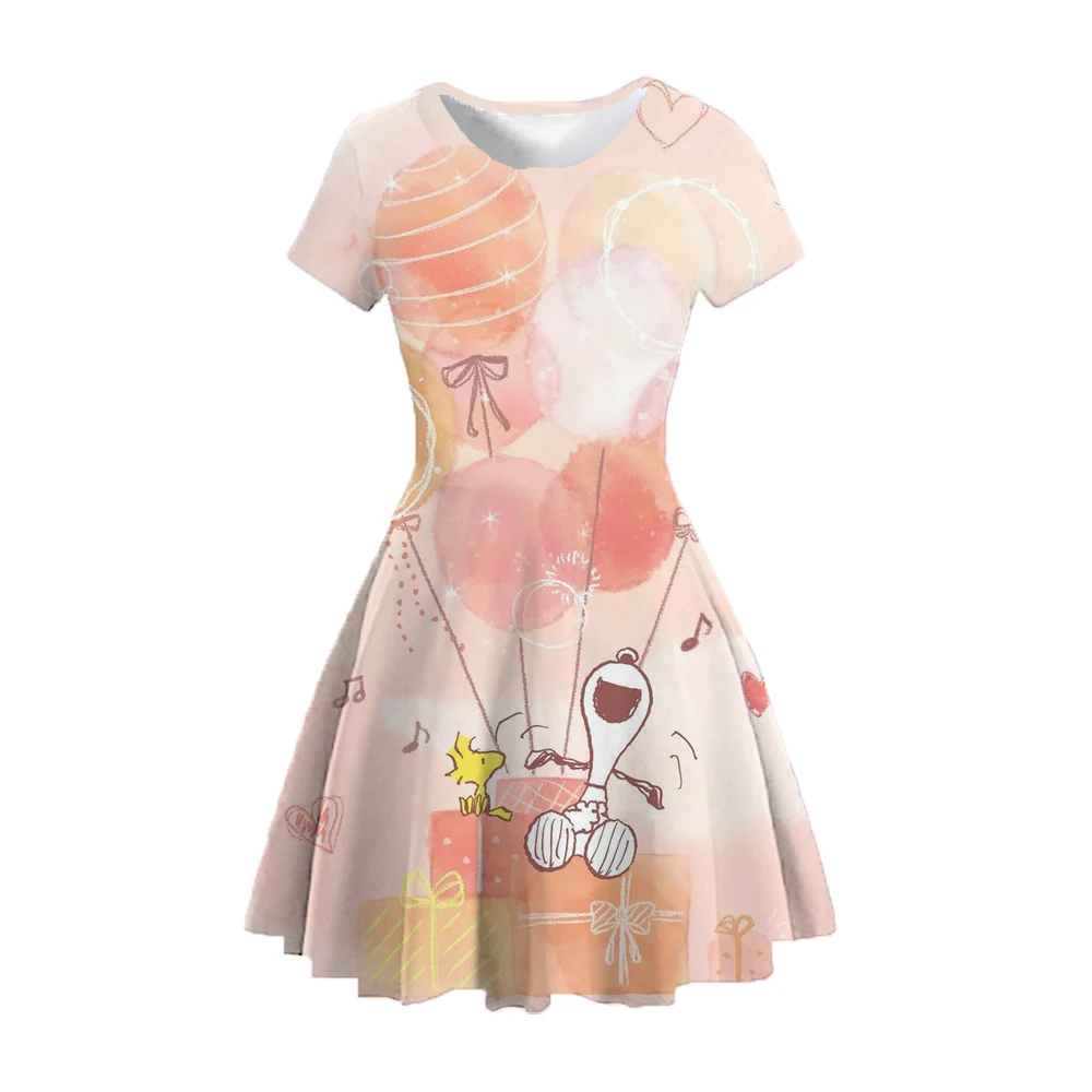 2024 Girls Short Sleeve Dress Cute Stitch 3D Printed Skirt Summer New Sweet Girl Sundress Snoopy Girls