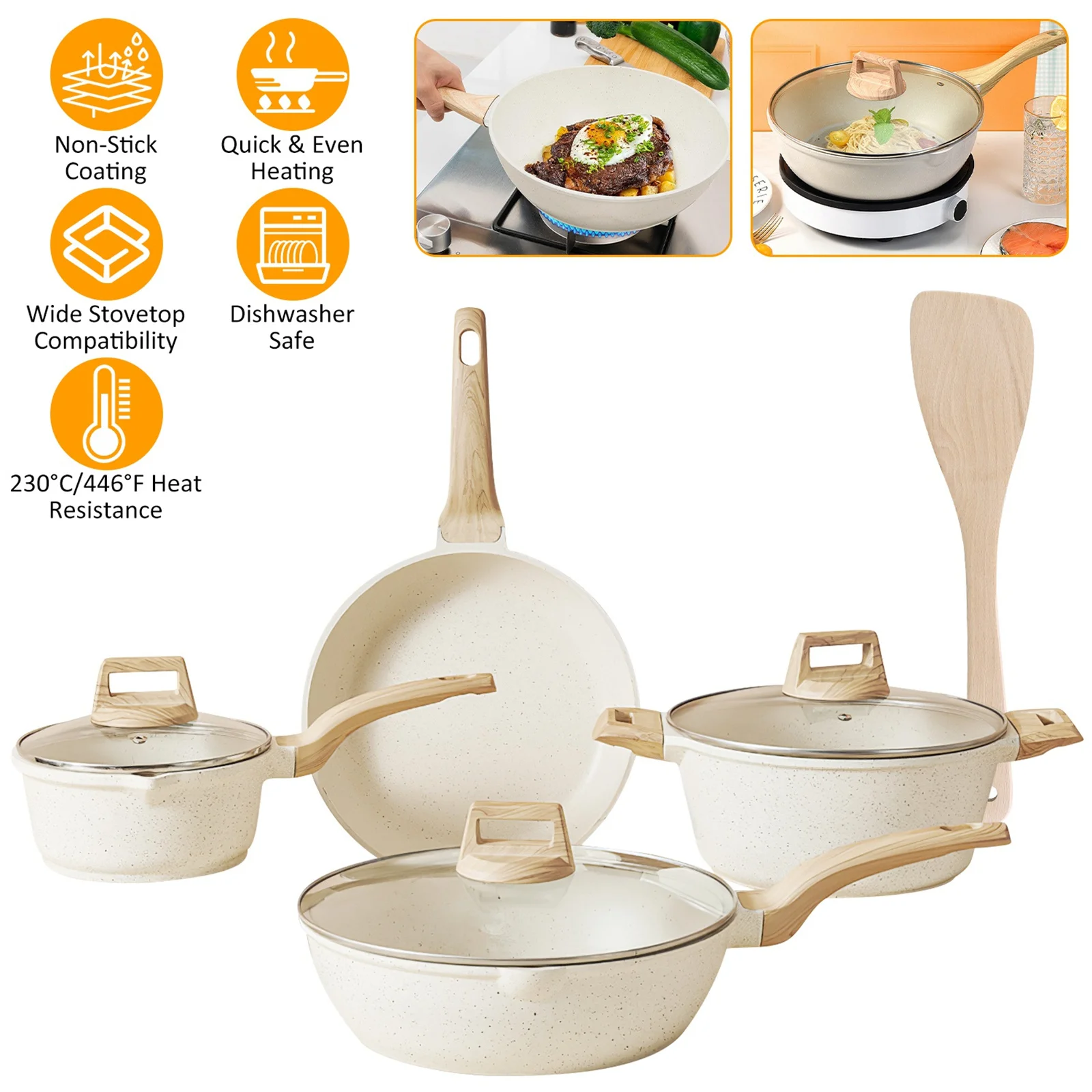 Kitchen Cookware Set Pots and Pans Set White Nonstick Granite Coating Dishwasher Safe Fast Even Heat Induction Frying Pan