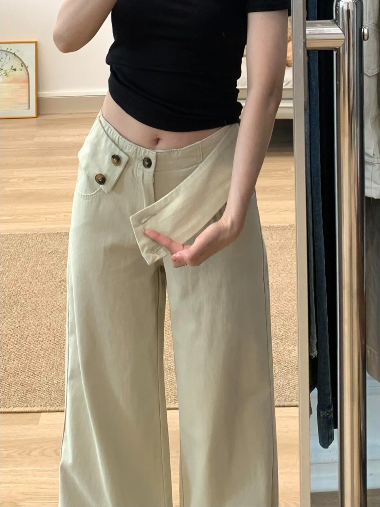 Khaki Wide Leg Jeans Women's Loose Fit Casual High Waist Double Buckle American Retro Style Summer New Fashion Jeans