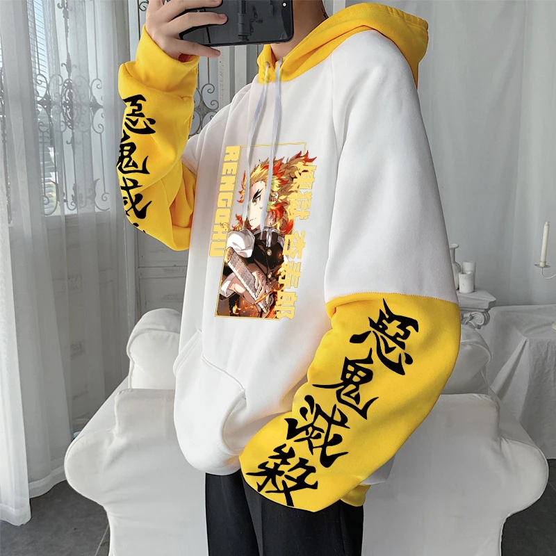 Harajuku Anime Demon Slayer Kyoujurou Rengoku Printed Hoodiess Men Women Patchwork Harajuku Sweatshirt Casual Flece Streetwear