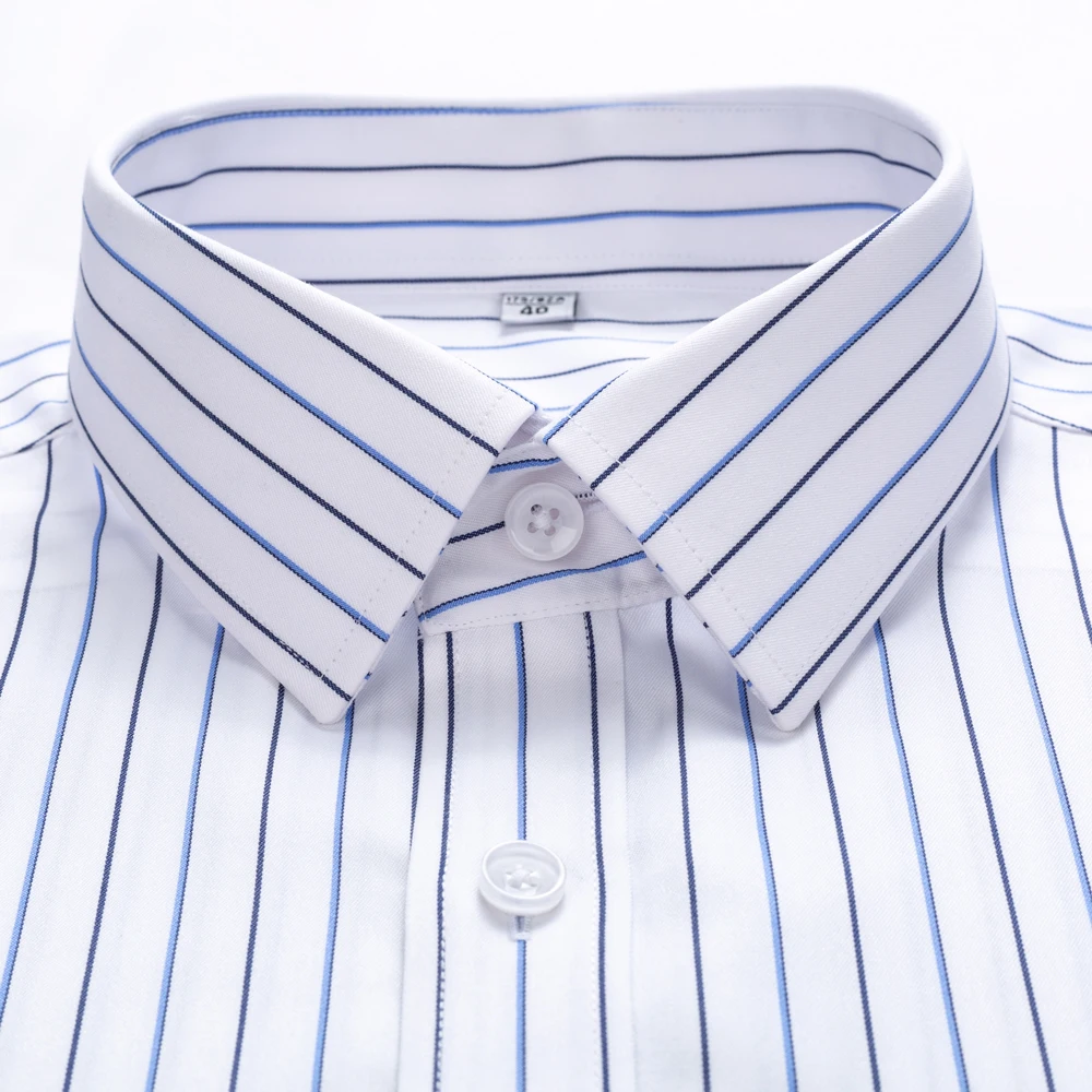 Men\'s Classic Long Sleeve Non-Iron Striped Dress Shirts Removable Collar Stays Formal Business Regular Fit Pure Cotton Shirt