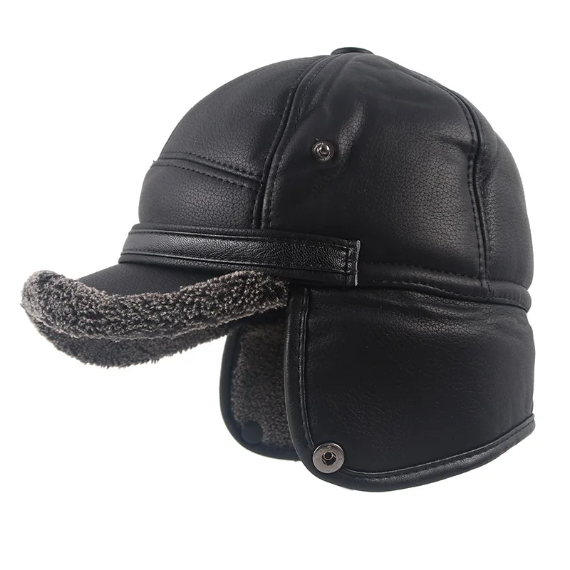 Men's Winter Earflap Hat Ushanka Outdoor 2026 Warm Pu Leather Faux Fur Baseball Cap Dad Russian Bomber Hat Man Black Snow Caps