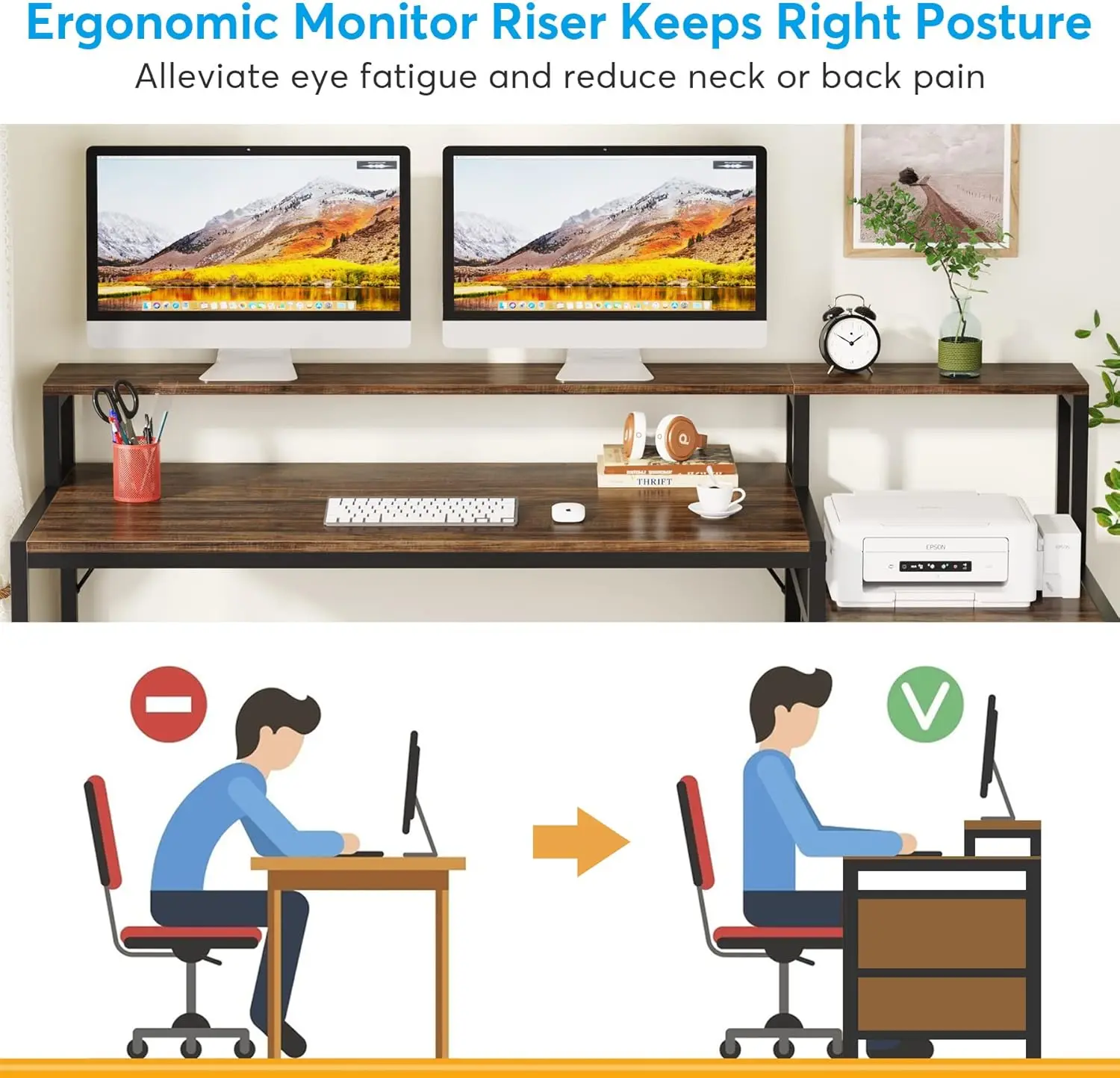 Escritorio para computadora de 63 pulgadas con cajón para archivos, escritorio de oficina ergonómico con soporte para monitor, mesa para computadora industrial con impresora