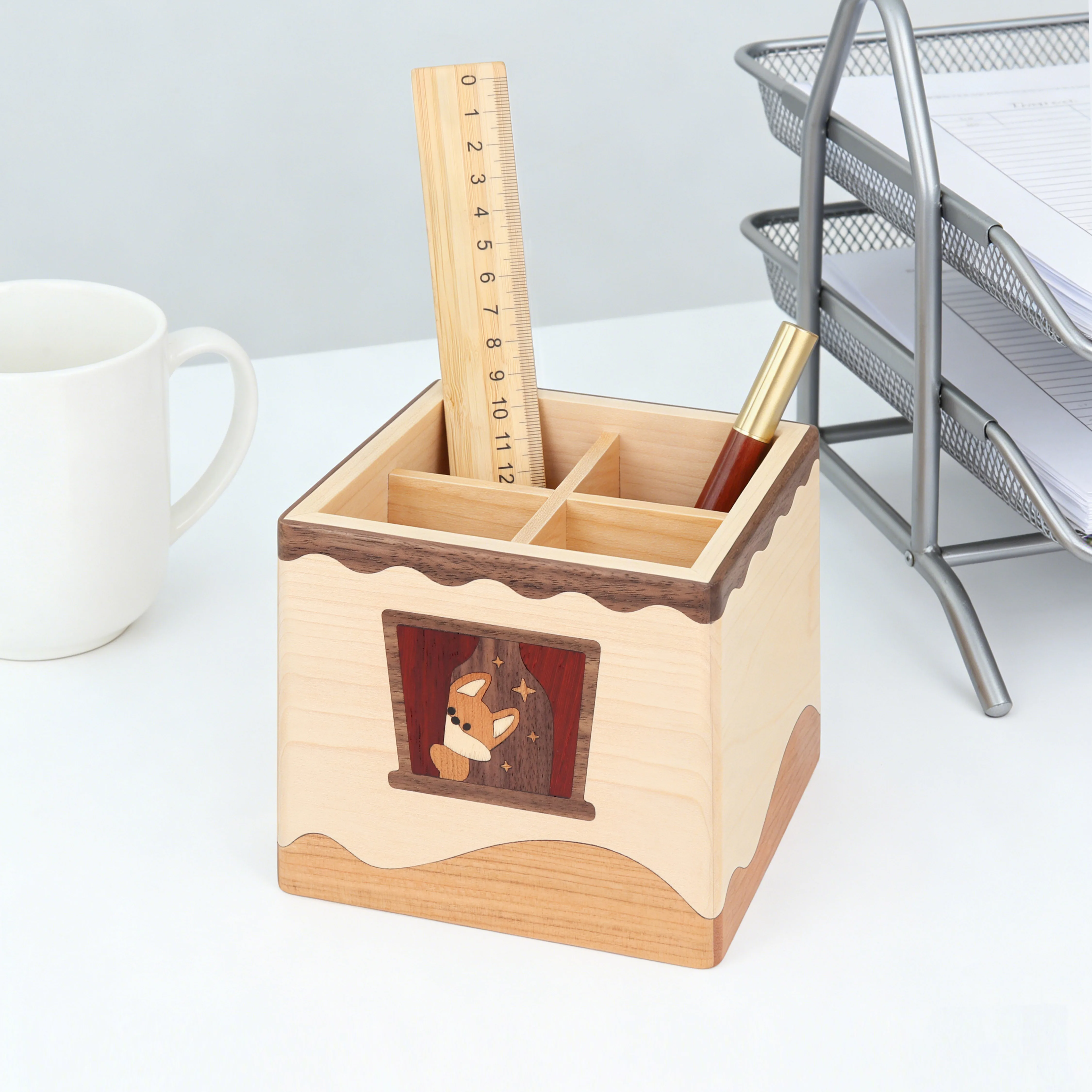Luxury Shockproof Walnut Cherry Rose Wood Pen Holder, Little Fox Design  Perfect For Living Room ,Bedroom Home Decor.