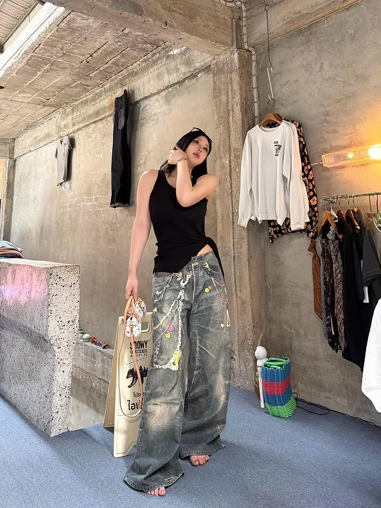 

WCFCX STUDIO Vintage Print Jeans Women High Waisted Streetwear Casual Wide Leg Denim Pants Straight Baggy Jeans