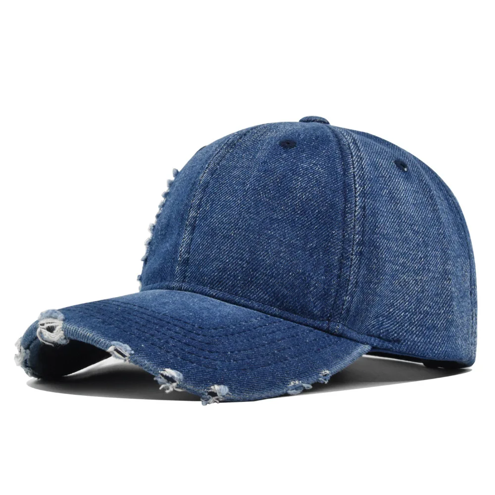 American-Style Irregularly Patched Denim Baseball Cap With Holes. Suitable for Various Styles Such as Casual and Korean Style.