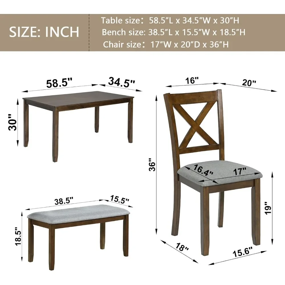 6 Piece Dining Table Set, Farmhouse Kitchen Table Set with 4 Upholstered Chairs and 1 Bench, Solid Wood Dining Room Sets