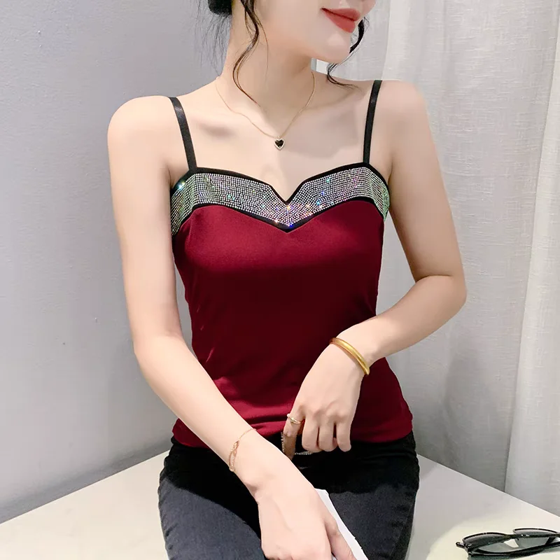 女性用スパゲッティストラップTシャツ,光沢のあるダイヤモンド,ノースリーブのタンクトップ,伸縮性の高いTシャツ,スリムなシャツ,セクシーな女の子のファッション,夏