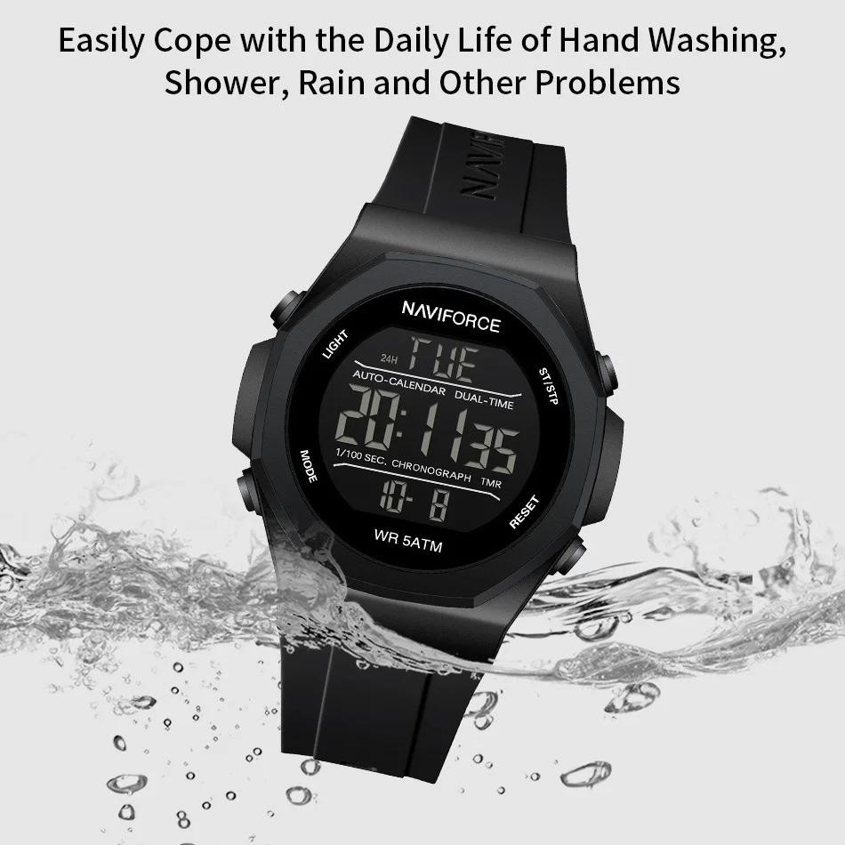 NAVIFORCE رجل ساعة رقمية عادية الرياضة الرجال الساعات الغاز المرحلة سيليكون حزام مقاوم للماء توقيت شاشة الكريستال السائل ساعة يد رجالي #1