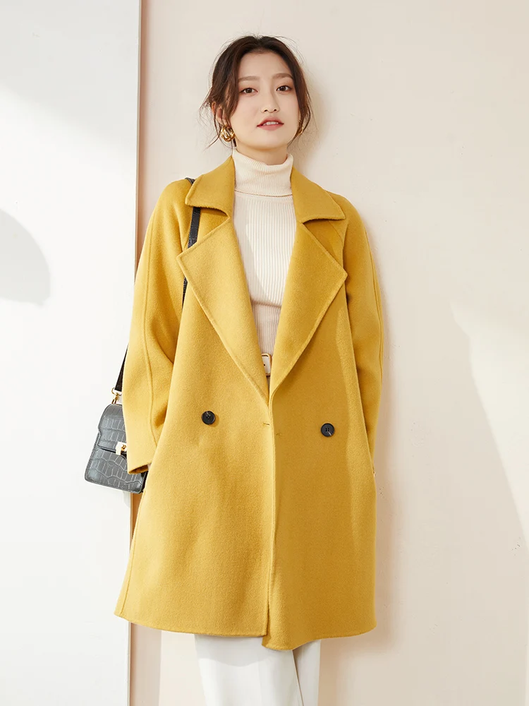 Autumn and Winter New Women\'s Coat Fashion Trend 100% Wool Woolen Coat Yellow High-End Women\'s Comfortable Loose Top