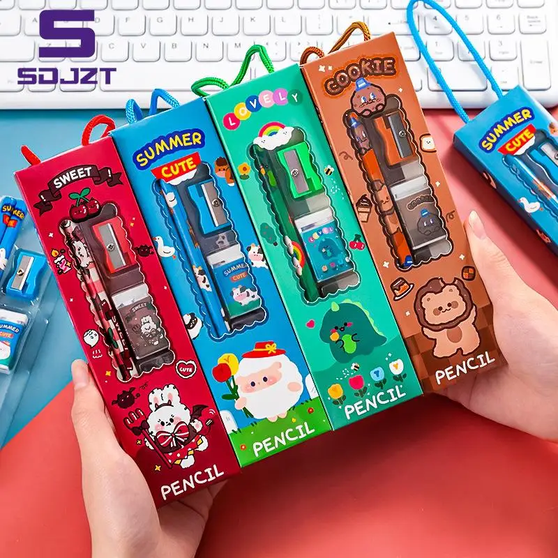 5Pcs Portable Stationery Set Cartoon Pencil Ruler Sharpener Eraser Set Gift for Kids School Office Writing Prize Stationery Set