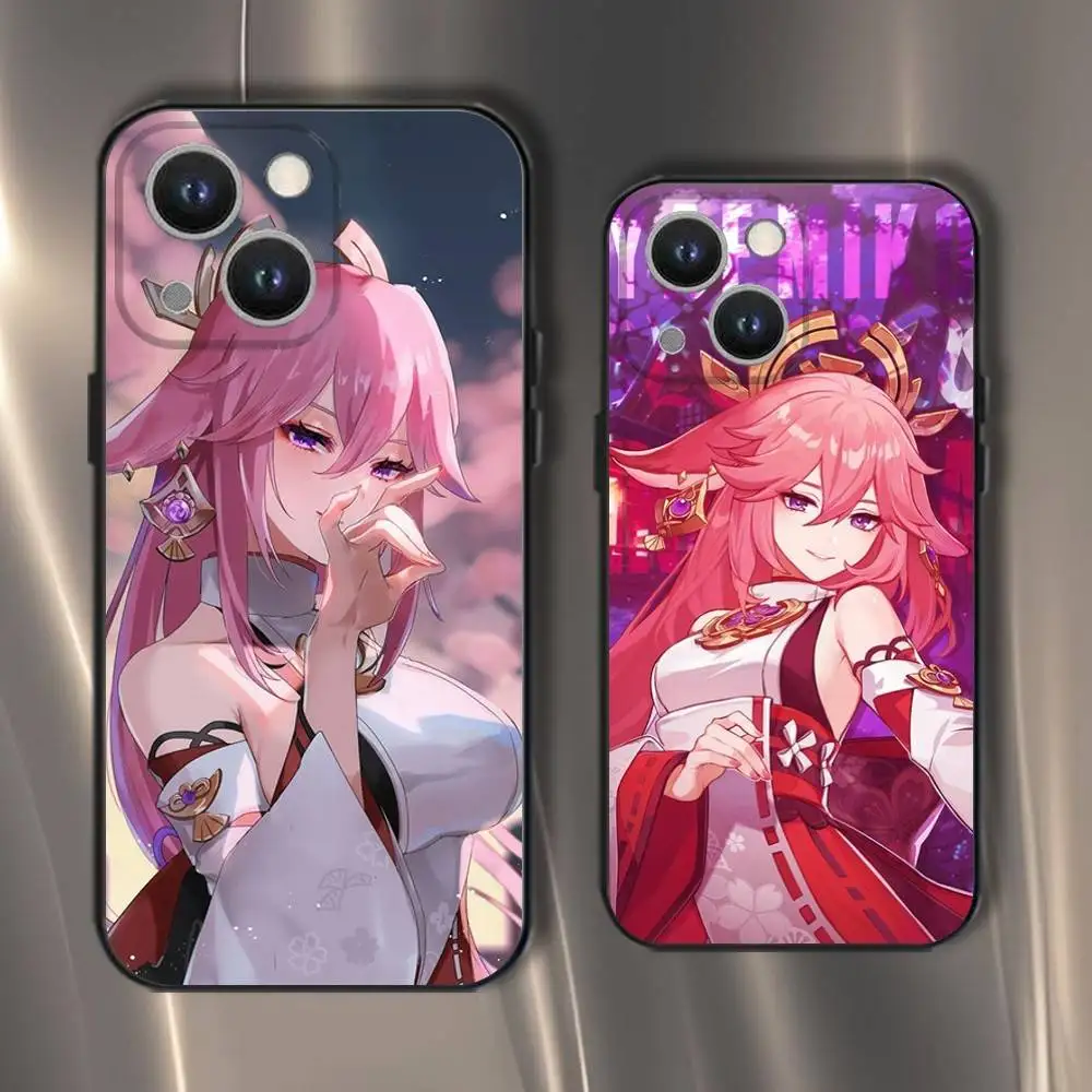 

Genshin Impact Yae Miko Phone Case For iPhone 16,15,14,13,12,11,Pro,XS,Max,XR,Plus,E,SE4,Mini Black Soft Cover