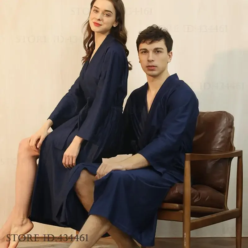 

Waffle Bathrobe Kimono Gown Autumn New Couple Robe Sleepwear Loose Casual Home Dressing Gown Lounge Wear Navy Blue Nightgown