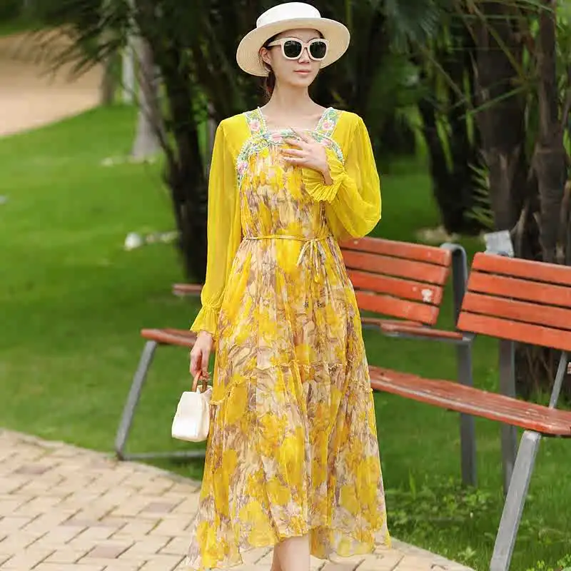 High-End Summer New Square Neck for Women Loose and Elegant Printed +Embroidery Mid length Silk Dress One Size