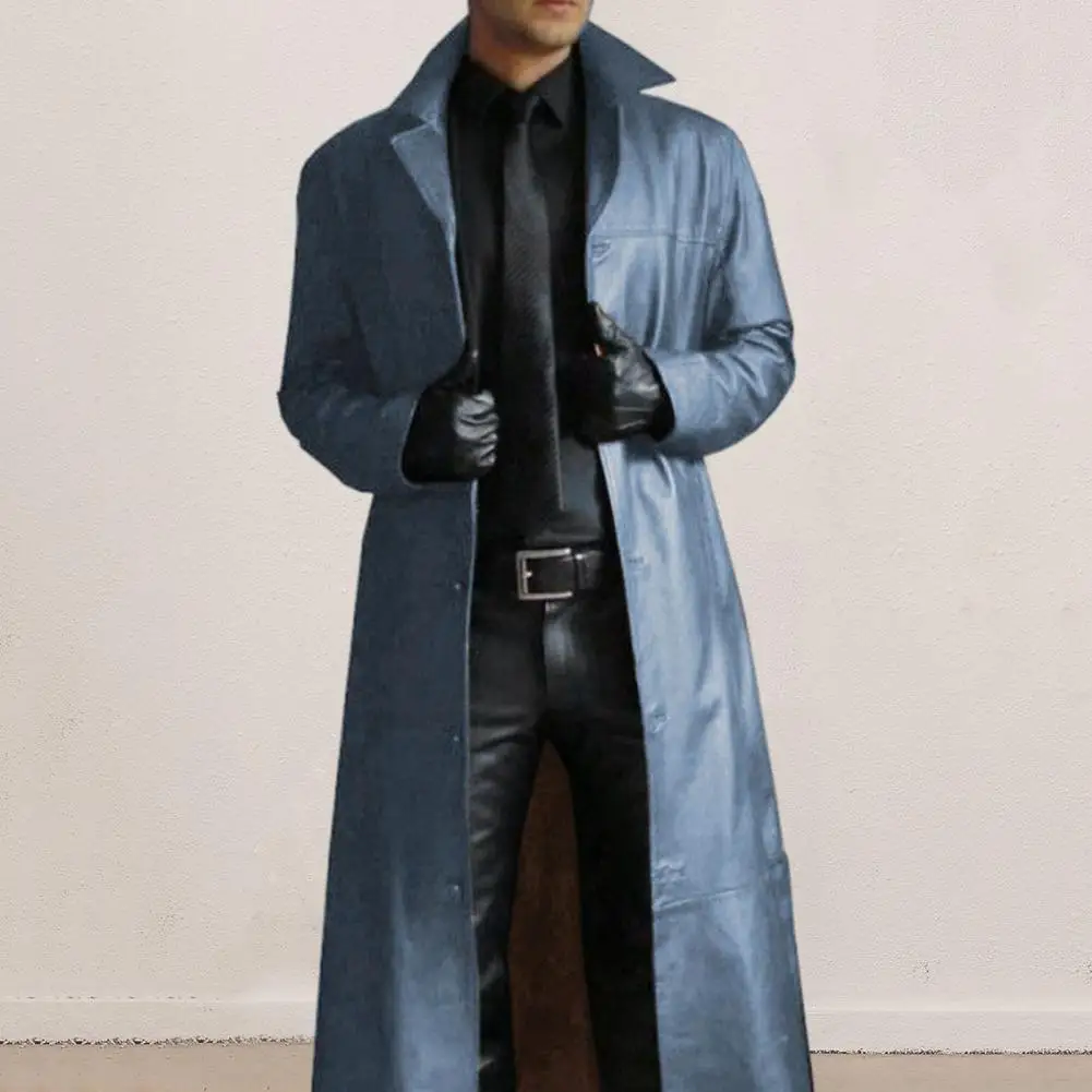 Herren-Kunstlederjacke, stilvoller Herren-Trenchcoat aus Kunstleder mit Umlegekragen, winddichtes Design, schmale Passform für Herren