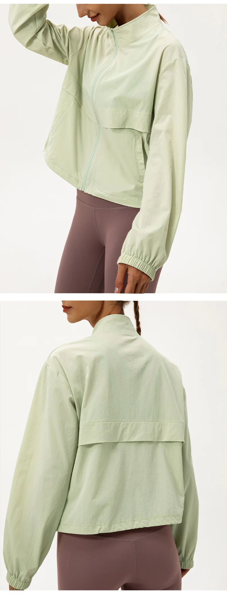 Outdoor-Sport-Windjacke für Damen, locker geschnittener, lässiger Yoga-Anzug mit Reißverschluss, Stehkragen, Laufjacke, Fitness-Windjacke, winddicht – Detail 15