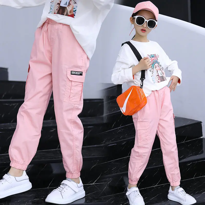 

New Fashion Girls Kids Sports Cargo Pants Girls High Waist Pink Sweat Pants Spring Fall Casual Trousers Outerwear For Children