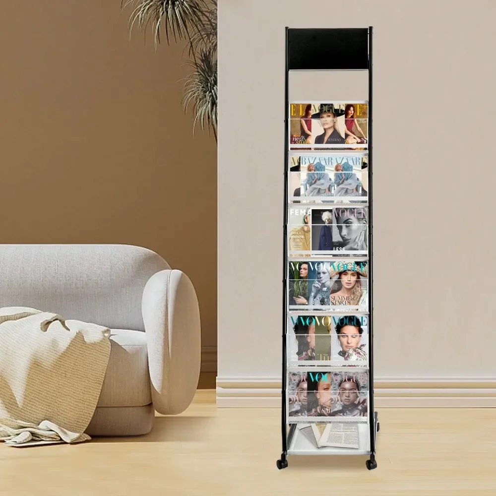 

Rolling Magazine Rack 110lbs Capacity Mobile Storage Organizer With 4 Wheels, 12.8x15.7 Inch Black White Book Stand For Office