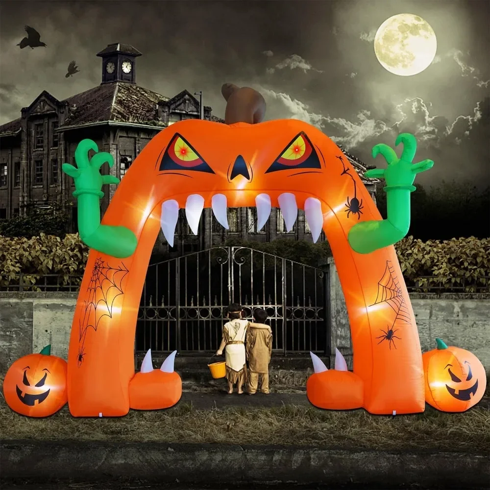 Arco inflável de abóbora iluminada, arco de gramado gigante Jack-O-Lantern com LED embutido, decorações de Halloween, 13 pés (L) x 10 pés (H)