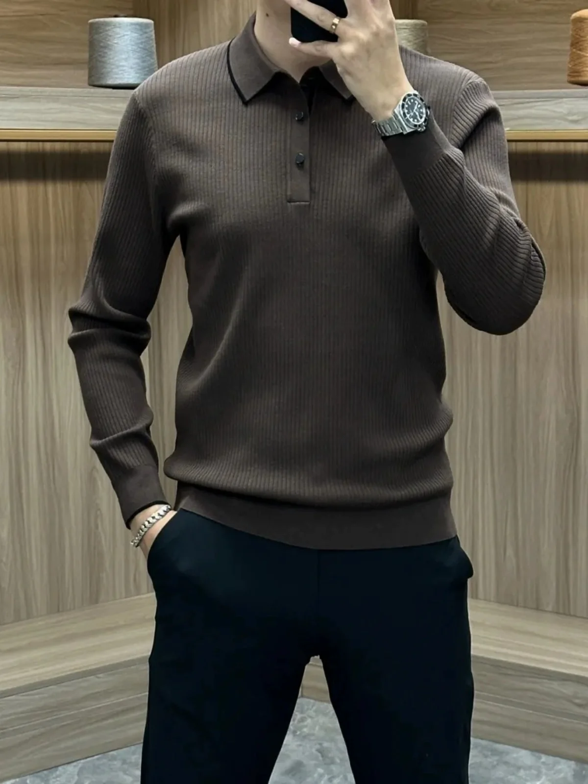 

Faionable Autumn Winter Knitted irt Men's Slim Fit Casual Overhead Turn-down Collar Busin High-end Knitwear