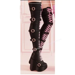 Black Lace Up Buckle Platform Boots Wedge Heel Round Toe Fashion Sexy Cool 2024 Winter Big Size Woman Shoes Zapatillas Mujer