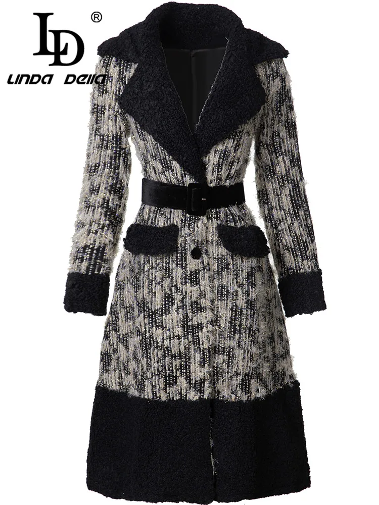 LD LINDA DELLA Autumn and winter New Vintage Designer Coat Women Notched Single-breasted Lace-Up Tunic Long Coat