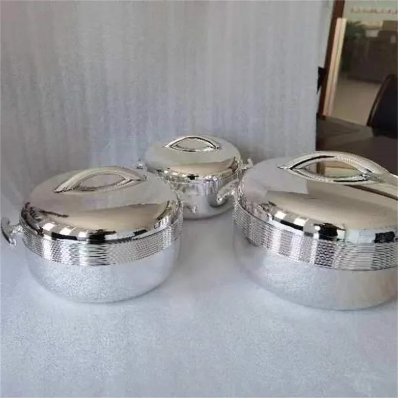 3Pcs/ Set/1.0Liter / 2.0 Liter /3.5 Liter Food Warmer Full Gold Plated Silver Lunch Box Hot Pot Ramadan Event Party