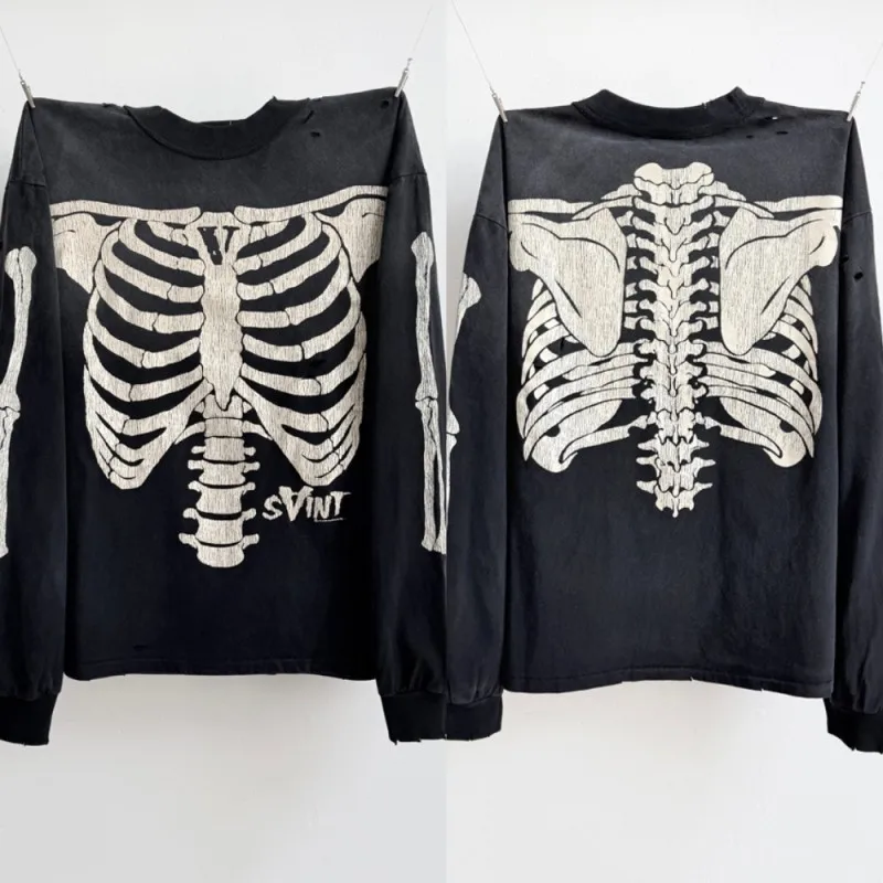 Vintage Washed Black Worn Hole Saint Long Sleeve Tshirt X-ray Human Body Perspective Rib Crack Print Pullover Hiphip Streetwear