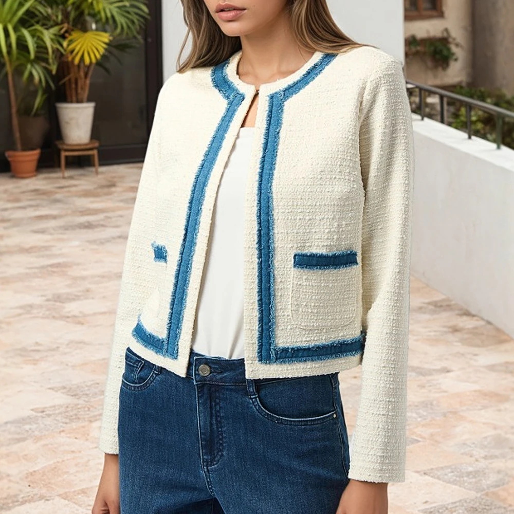 

Женская короткая куртка в винтажном стиле с необработанными краями и круглым вырезом в европейском и американском стиле на осень, новый вдохновленный