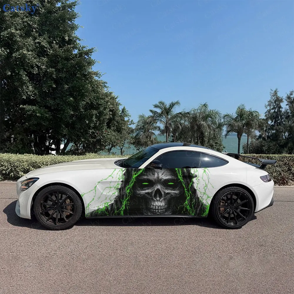 2pcs Green Lightning Hooded Skeleton Car Side Wrap, Self-Adhesive PVC Waterproof & Scratch-Resistant Sticker, Car Accessory Gift