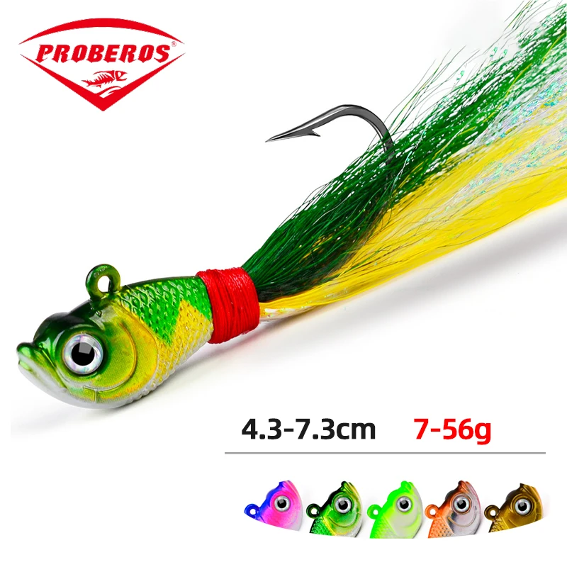 Fishing Metal Jig Hook 7g 14g 28g 42g 56g with Feather Fish Jig Head Fishing Hook Set Offset Sinker Soft Worm Hook for Bass Carp