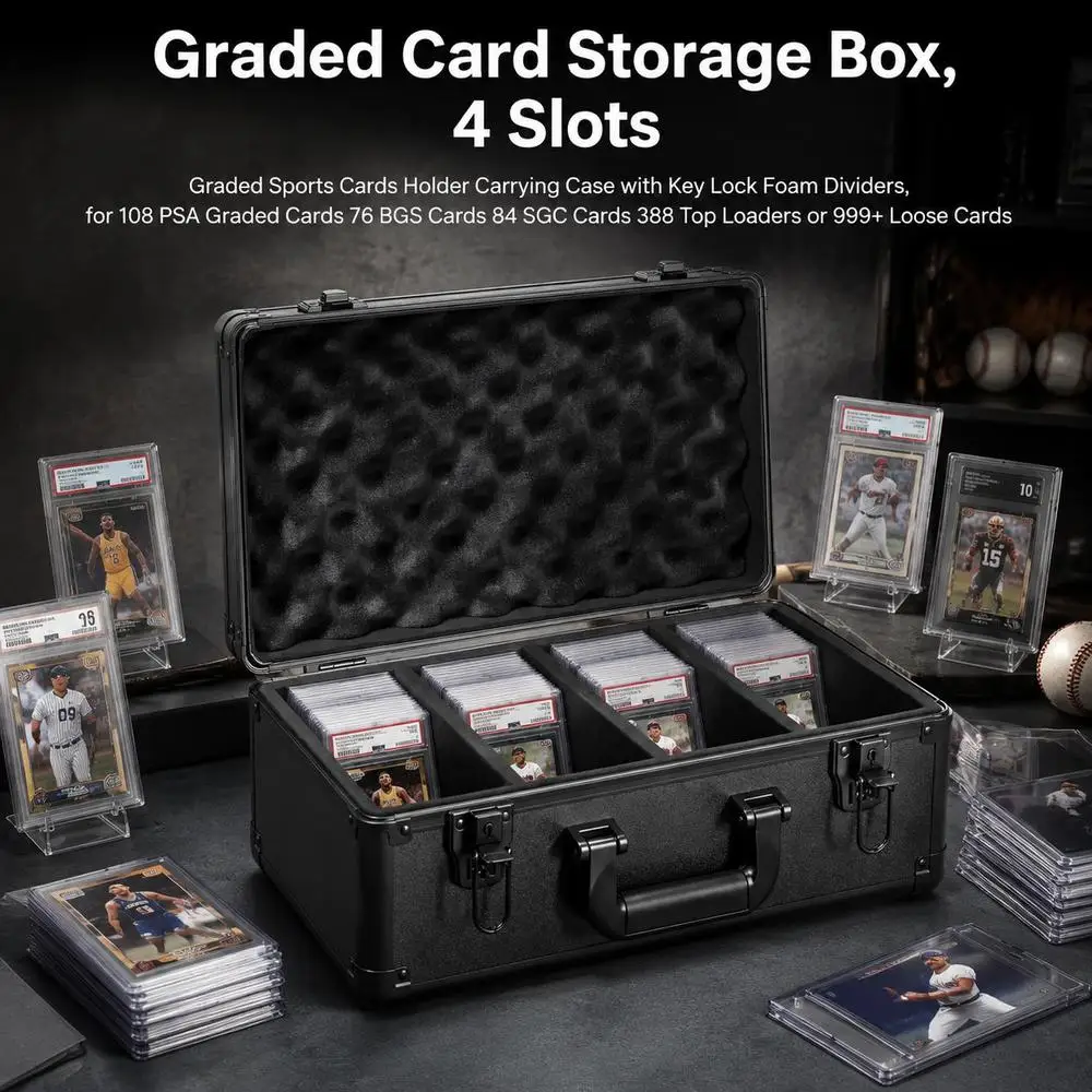Boîte de rangement pour cartes à collectionner avec 4 compartiments, étui de transport avec séparateurs en mousse et serrure à clé, contient 108 cartes PSA, 76 cartes BGS, 84 cartes SGC, 388 top loaders ou 999 cartes en vrac, pour les collectionneurs de cartes et les salons de cartes.