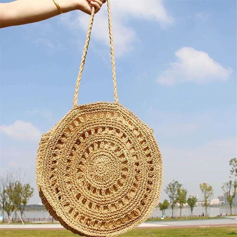 

Круглая Соломенная пляжная сумка для женщин, большие круглые вязаные сумки, вместительные тоуты, дорожная летняя сумка на ремне с Бали, 2025