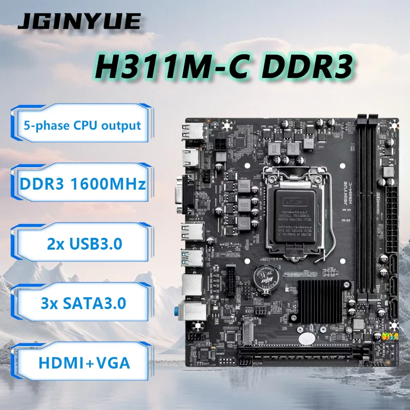 

Материнская плата JGINYUE H110 M-ATX поддерживает процессоры Intel 6/7/8/9-го поколений, DDR3, до 32 ГБ оперативной памяти, для настольных ПК, H311M-C D3, для офиса/дома/видеообработки.