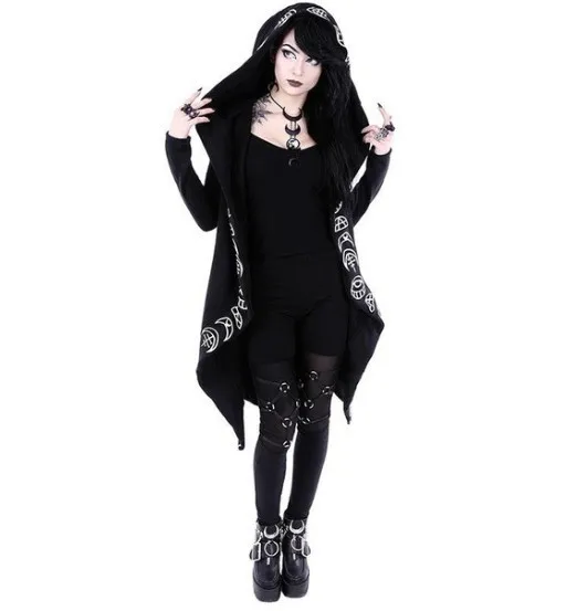 Gothic Punk Black Long Women Hoodies Sweatshirts 2022 Autumn Moon Print Long Sleeve Hoodie Women Loose Coat Hooded Sweatshirt