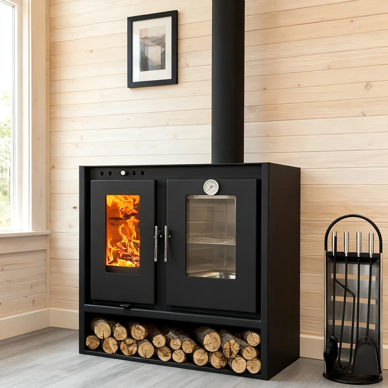 

Modern Freestanding Wood-Burning Fireplace Stove Built-In Oven for Indoor-Outdoor Use in Living Room Dining Hotel