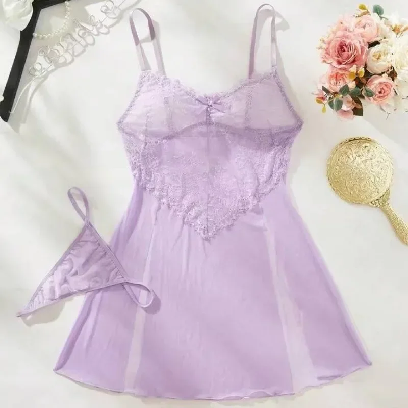 French Pure Desire Lace Sleeping Dress Set Women\'s Comfortable Perspective Split Sling Lingerie Set Sweet Transparent Underwear