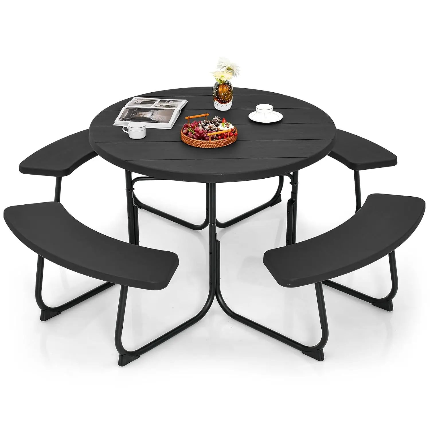 Picnic Table Set for Up to 8 Persons, Round Outdoor Table and Bench Set with Umbrella Hole, HDPE Top & Metal Frame
