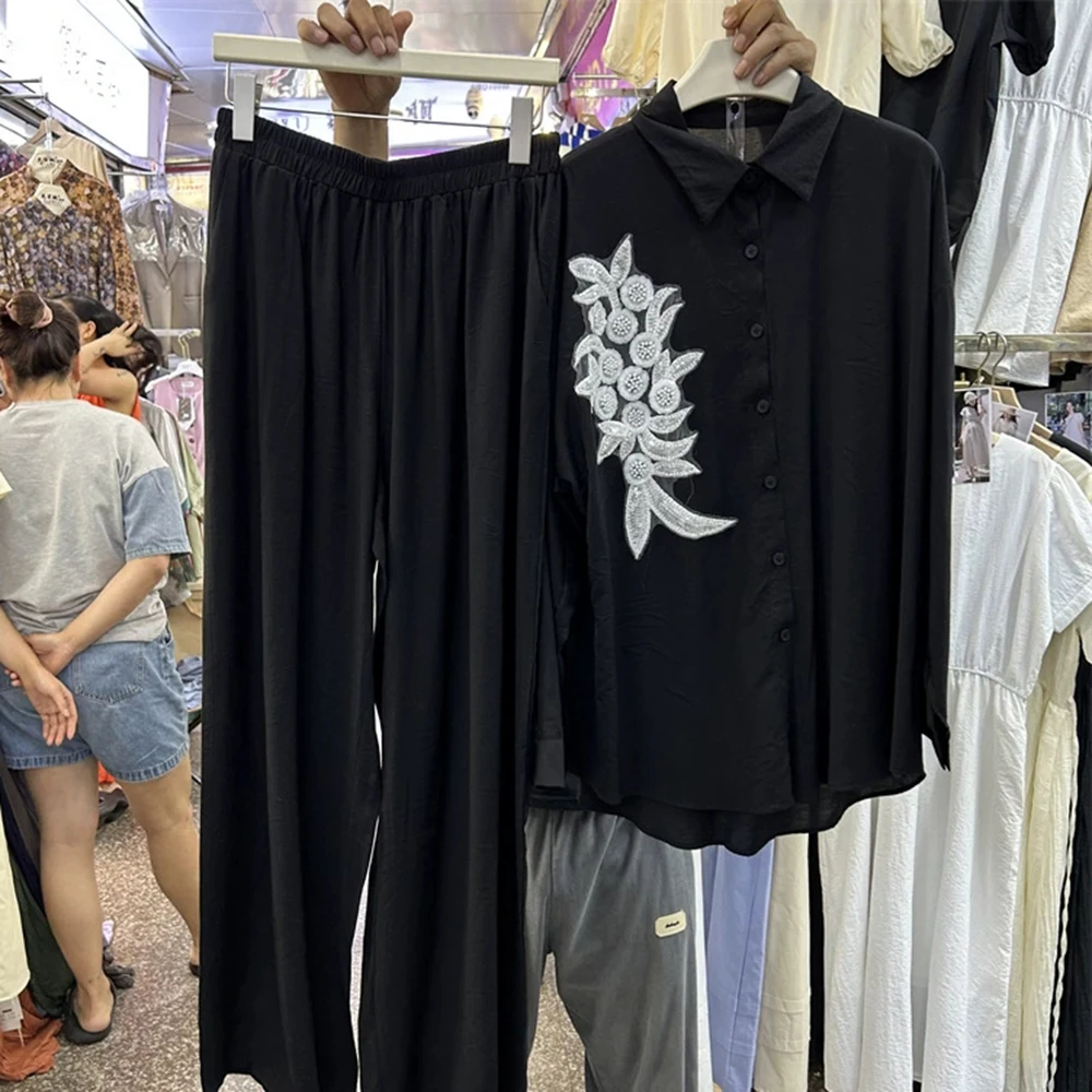 

Свободный топ-рубашка из плотного хлопка и льна + широкие брюки с эластичной резинкой на талии, комплект из двух предметов-GZTZ079