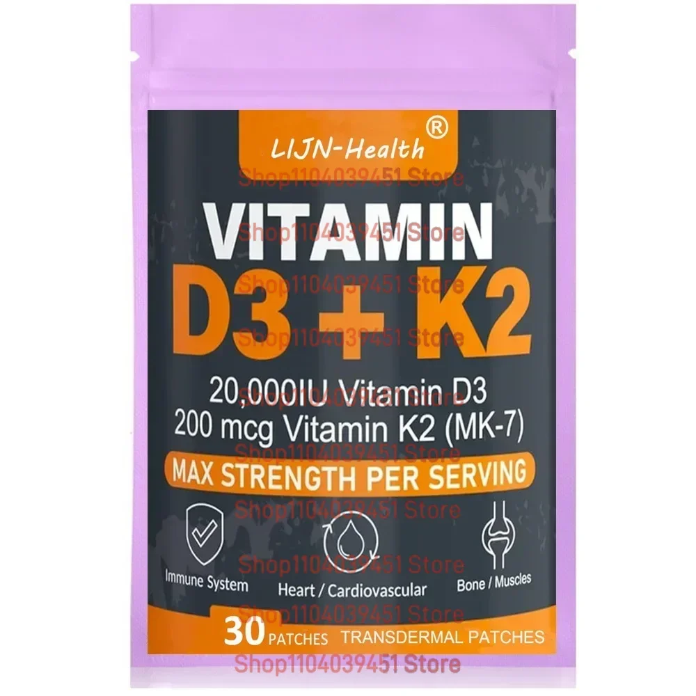 30 Patches Vitamin D3 & K2 Transdermal Patches Support Strong Bones & Muscle, Calcium Absorption & Immune Health