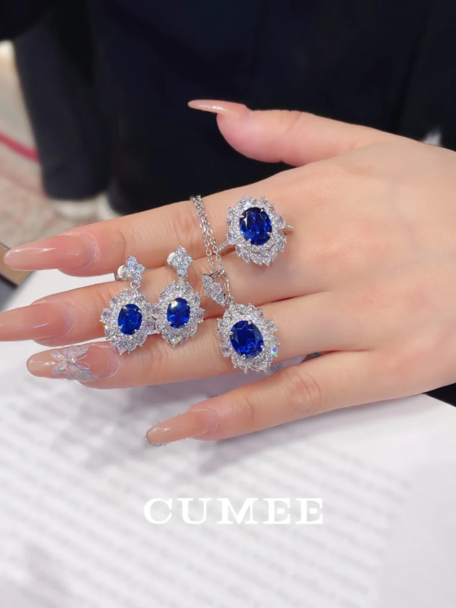 CUMEE Sapphire Gemstone Jewelry Cultivation Synthetic Sapphire Ring Earring Pendant Set Women 925 Silver Gold Plating Party