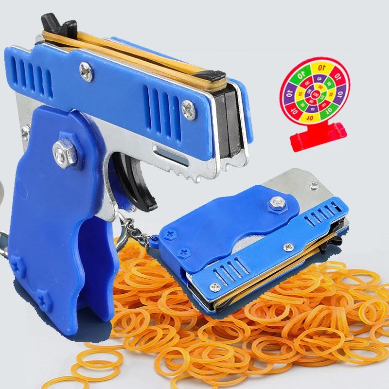 1pc Mini Rubber Band Gun Keychain Alloy Metal Folding Launcher Toy 60 Rubber Bands Outdoor Camping Party Gifts for Boys Men