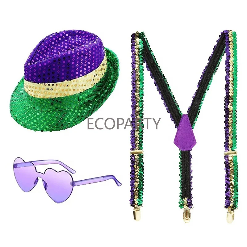 Mardi Gras Hat and Sequin suspender sunglass Set  Mardi Gras Accessory Set Party Favors minthson