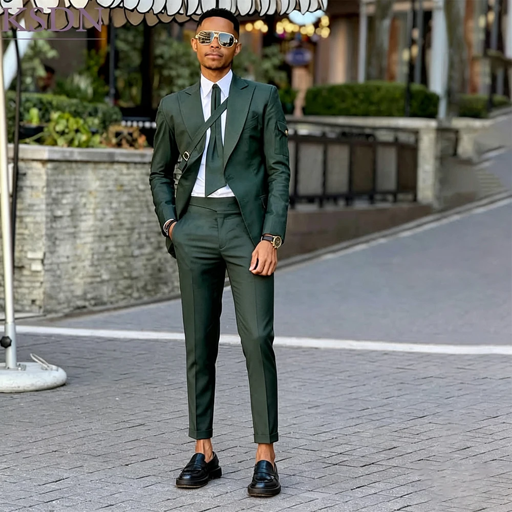 Stylish Men's Suits For Dinner Party Fashion Green Single Breasted Peak Lapel Slim Fit 2 Piece Jacket Pants Outfits Event Blazer