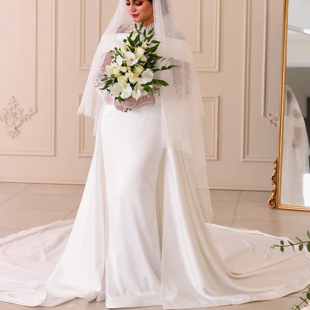 

Welove High Neck Wedding Dress Off the Shoulder Long Sleeve Mermaid Floor Length Applique Bride Customized Muslim Luxury Gown