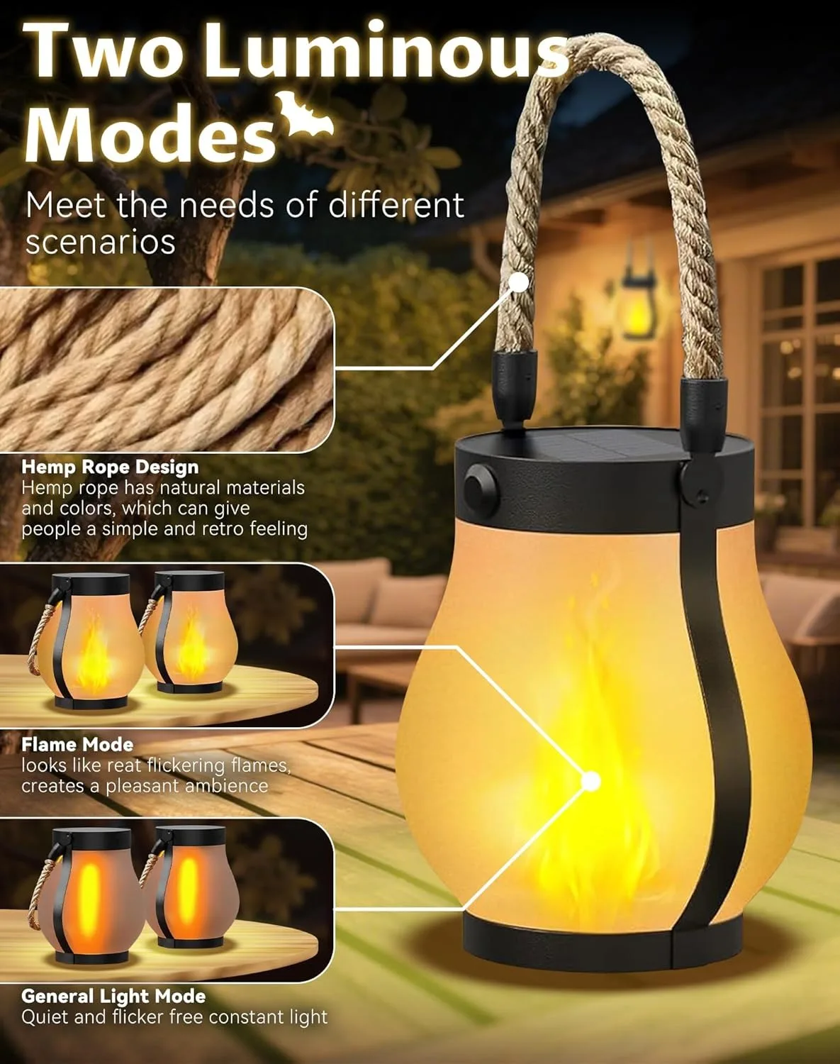 Solar Lantern Outdoor Light Waterproof, Dancing Flame Solar Christmas Lights, Hemp Rope Hanging Flame Lamp for Garden Yard Decor