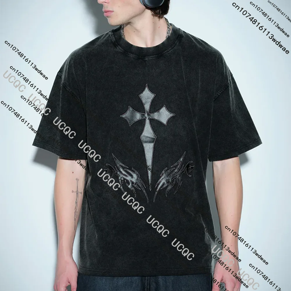 

Men's Black Oversize T-Shirt Gothic Flame Print Wash Cotton Streetwear Top Vintage Tee Alternative Fashion Hip Hop Clothing