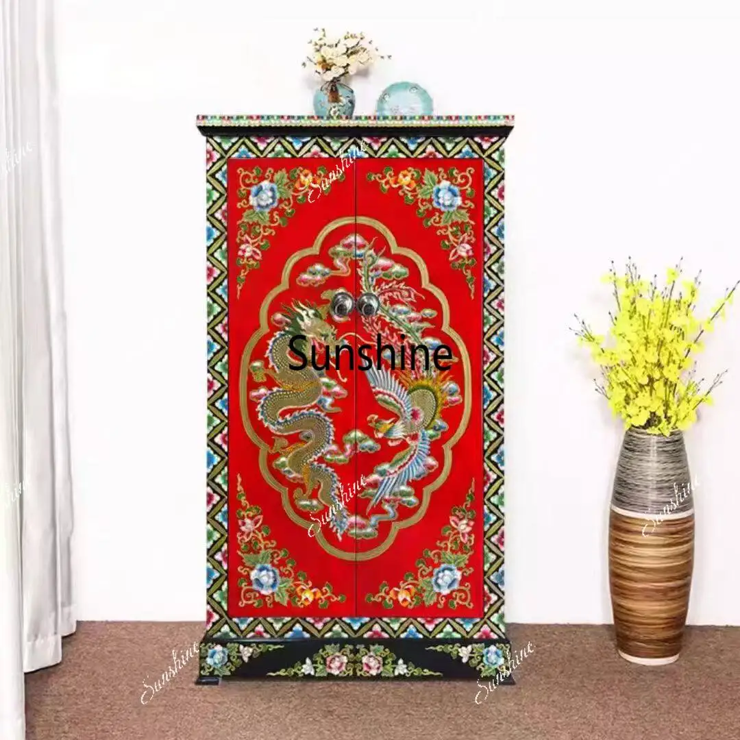 

Chinese painted two-door solid wood wardrobe hand-painted retro old bedroom cabinet
