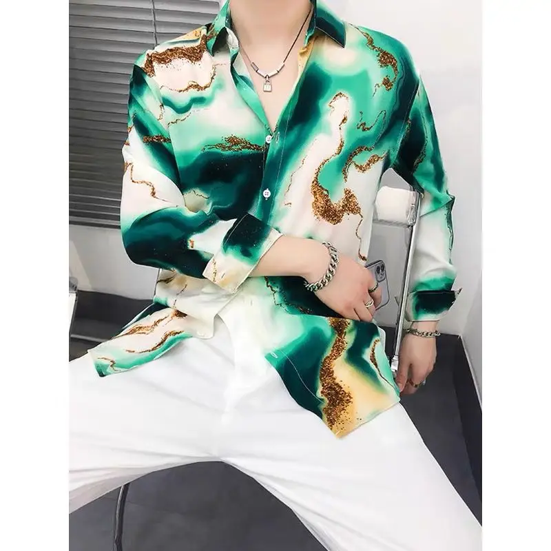 Fashion Lapel Button Korean Printed Gradient Shirts Men\'s Clothing 2024 Spring Summer New Loose Casual Tops All-matc Shirts